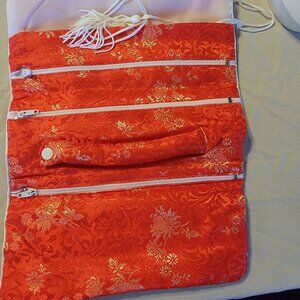 Asian Styled Printed Folding Red Satin Zipper Pouch